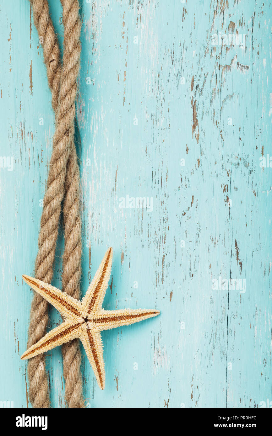 Rope and starfish on the background of an old wooden board with copy ...