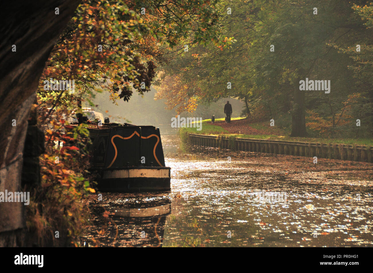 Around the UK - A man & his dog walking along the Leeds Liverpool Canal in Autumn Stock Photo