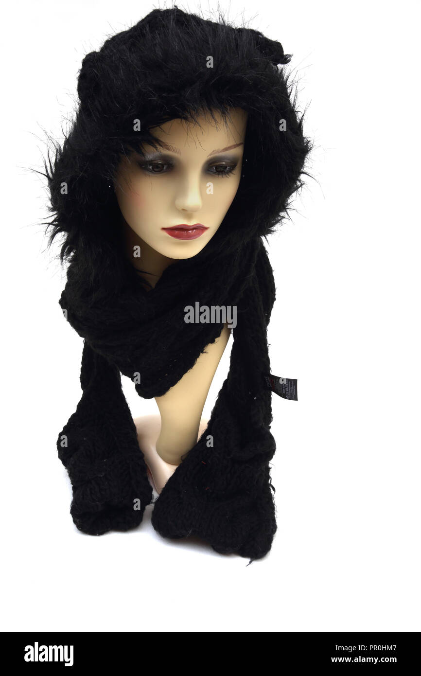 All in One Black Knitted Hood, Scarf and Mittens Stock Photo