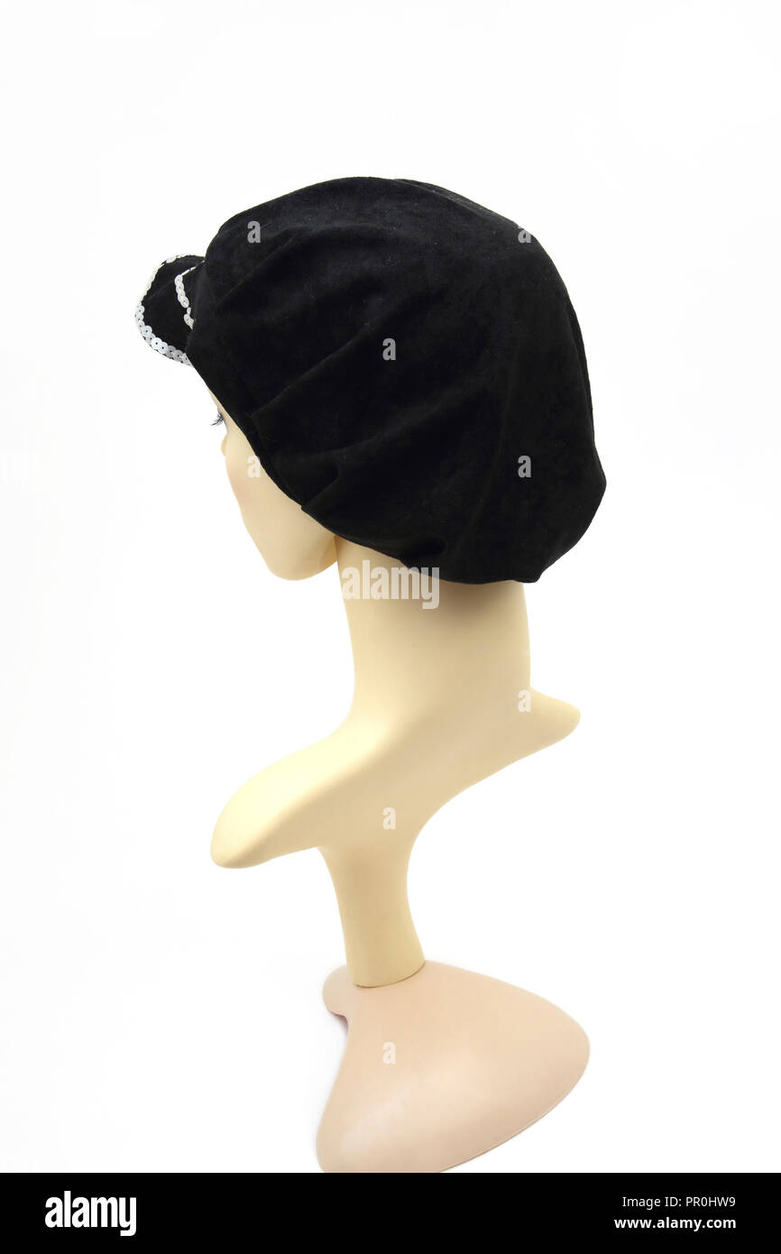 Handmade Black Crushed Velvet Hat with Sequins Stock Photo