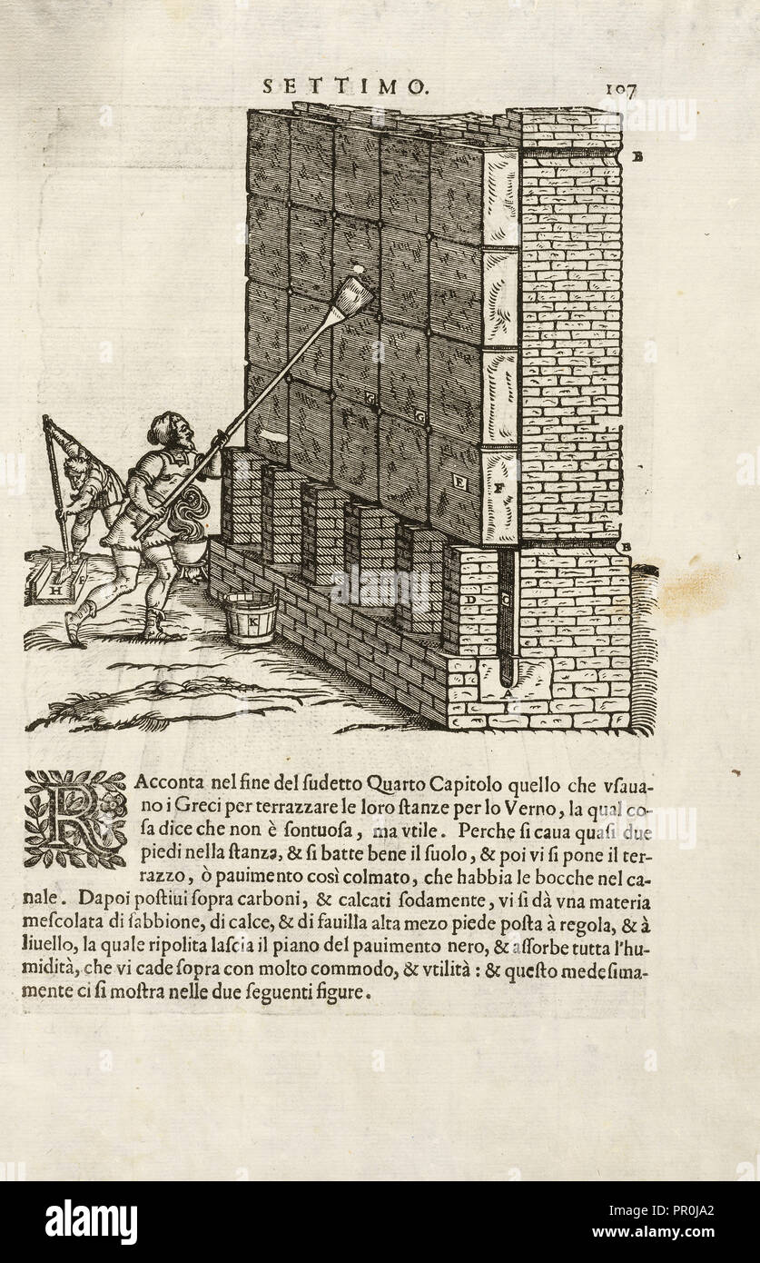 Erecting a wall, I dieci libri d'architettvra, Rusconi, Giovanni Antonio, 16th cent., Woodcut, 1660 Stock Photo