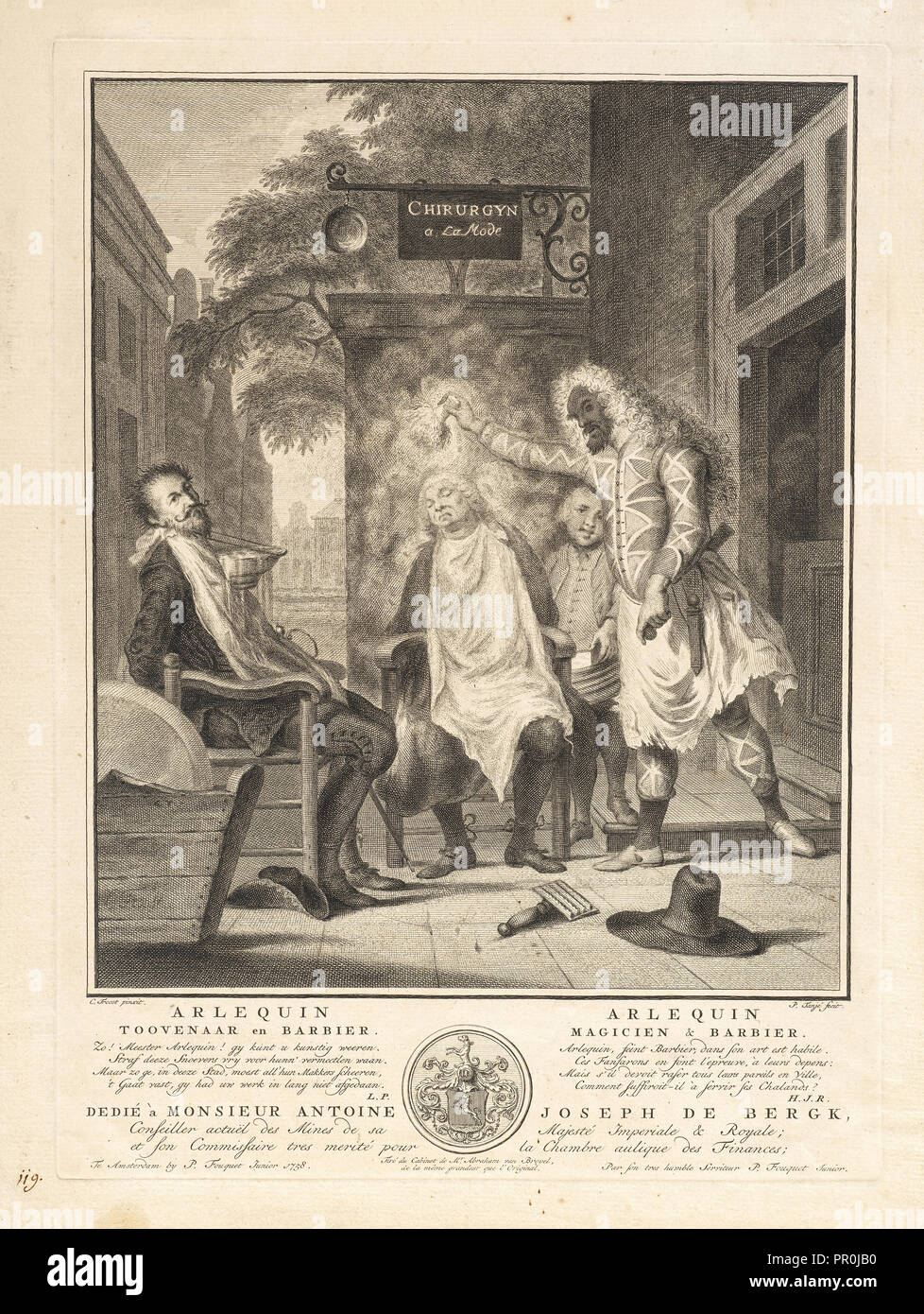 Arlequin magicien and barbier, Italian theater prints, 1758 Stock Photo