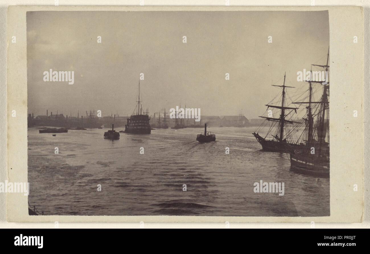 View of harbor at The Thames at Greenwich?; Ludwig Schultz, British, active Greenwich, England 1860s, about 1870; Albumen Stock Photo
