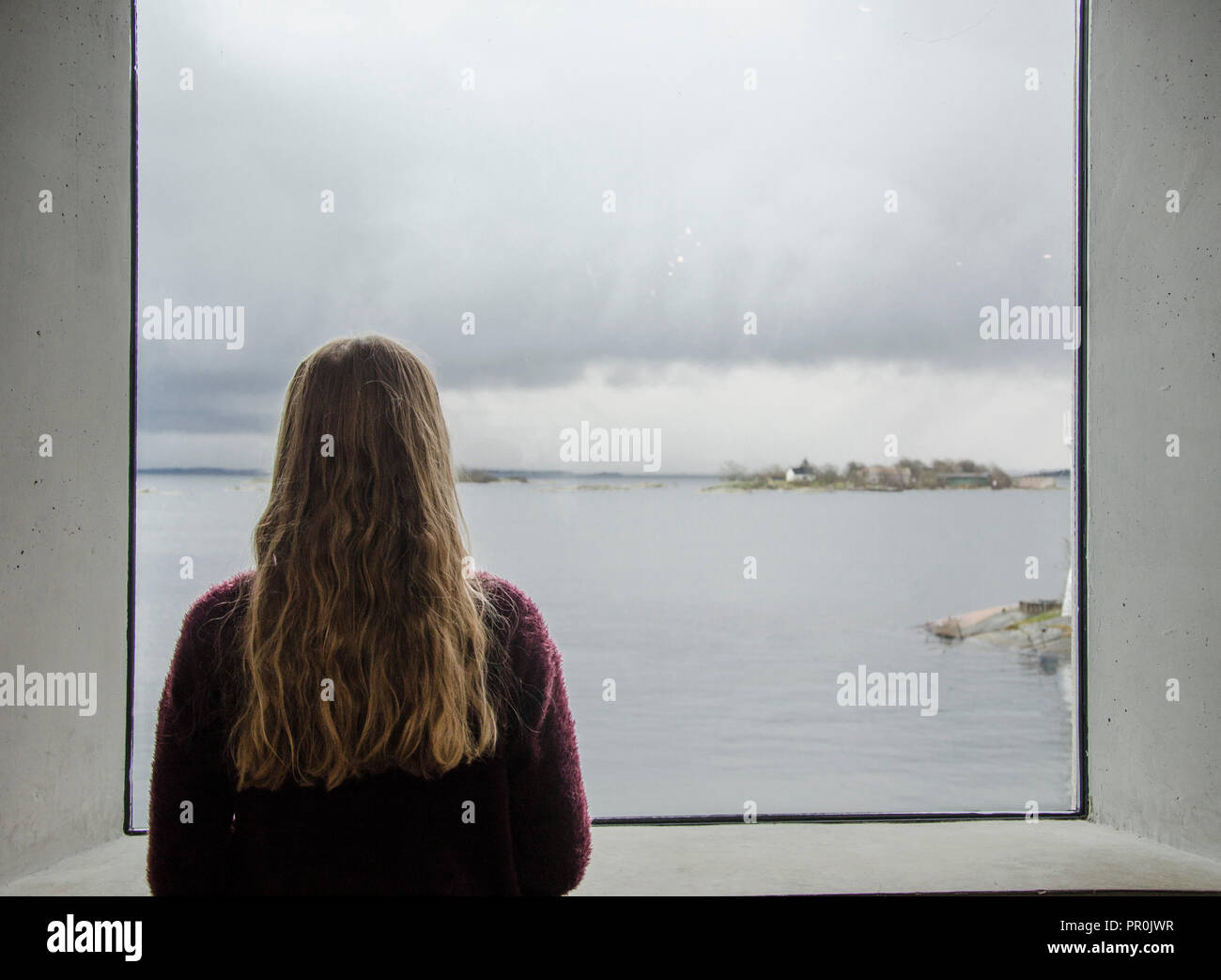 Girl by the window with swedish minimalistic landscpae on the background Stock Photo