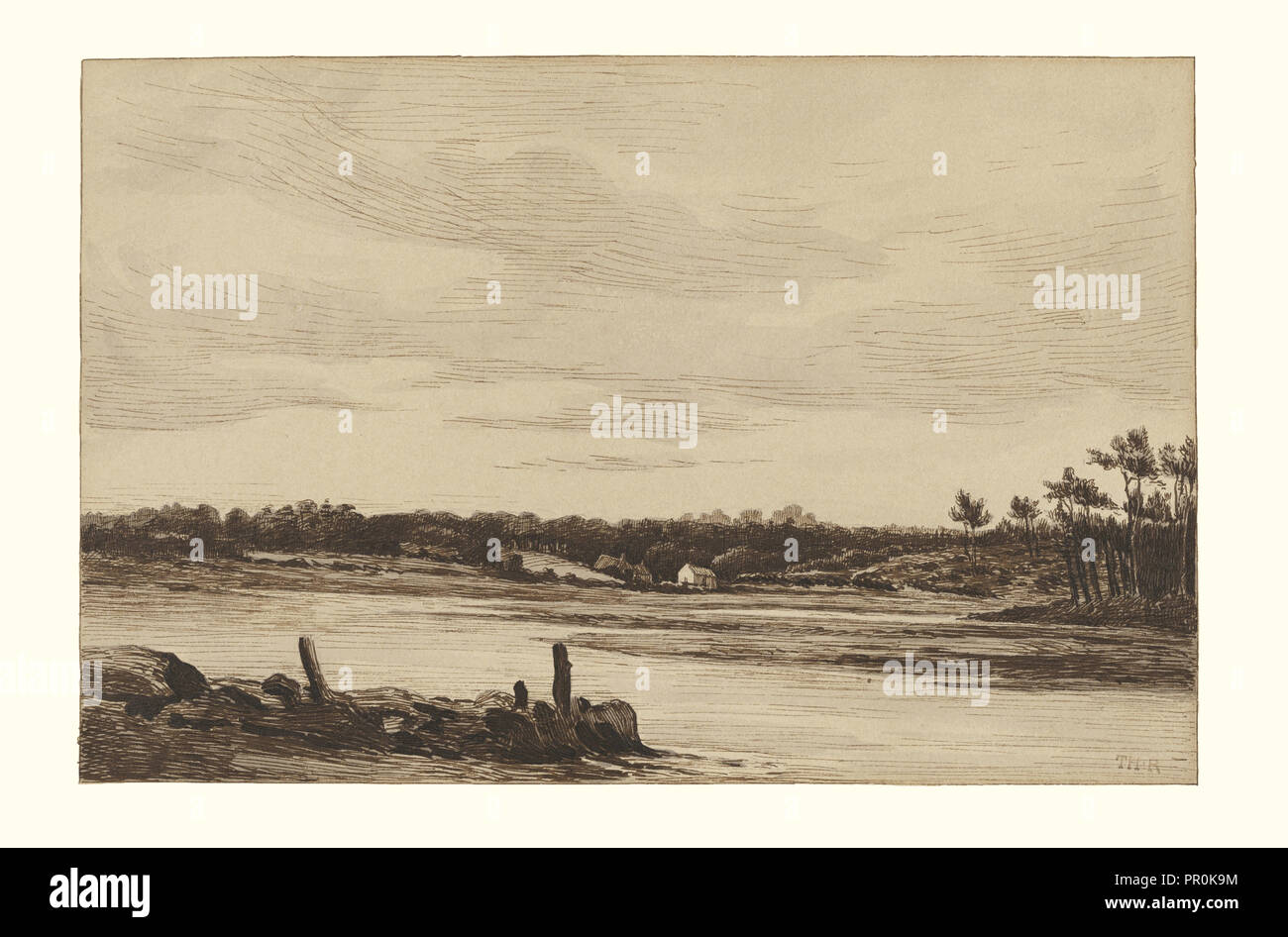 The Loing River at the Edge of the Forest of Fontainebleau; Théodore Rousseau, French, 1812 - 1867, France; about 1830; Pen Stock Photo