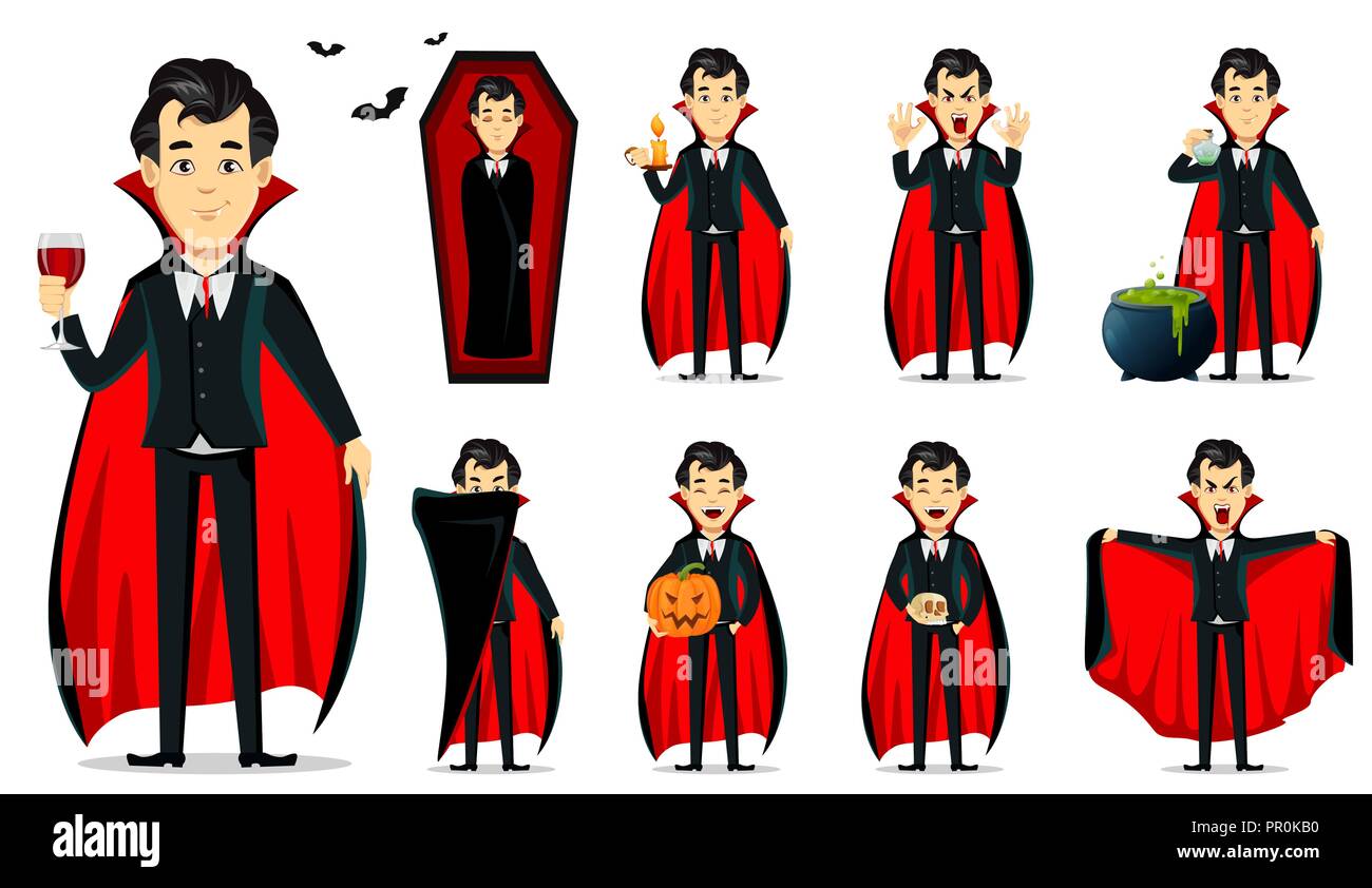 Happy Halloween. Vampire cartoon character wearing black and red cape, set  of nine poses. Vector illustration Stock Vector Image & Art - Alamy