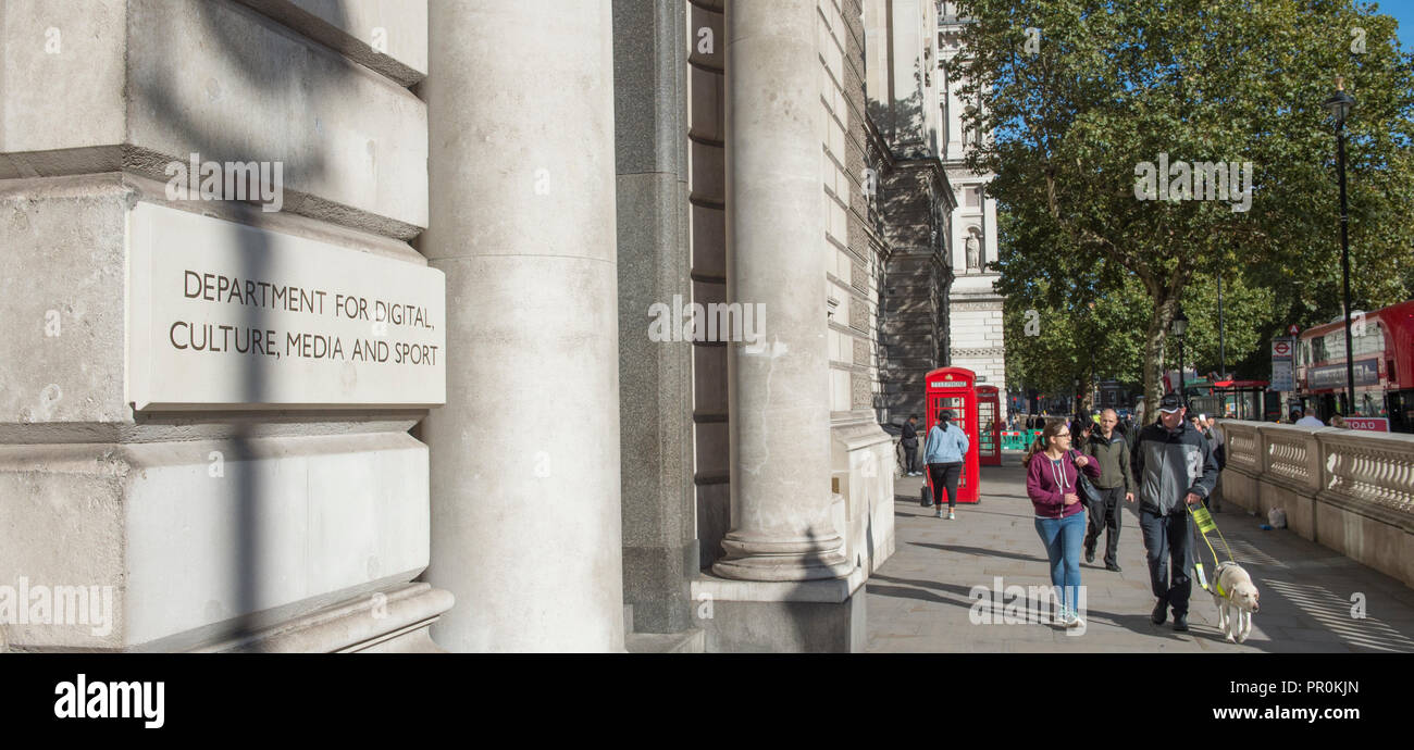 New Department for Digital Culture Media and Sport building exterior sign in Whitehall, London, UK. September 2018. Stock Photo