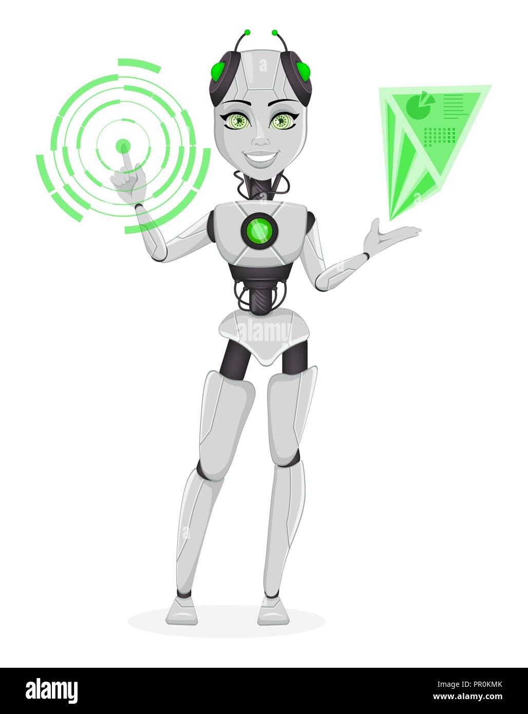 Robot with artificial intelligence, female bot. Cute cartoon character working with holographic interface. Humanoid cybernetic organism. Future concep Stock Vector
