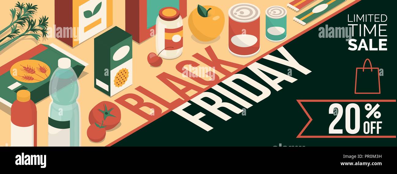 Black friday promotional sale banner with products and discount: grocery shopping and food Stock Vector