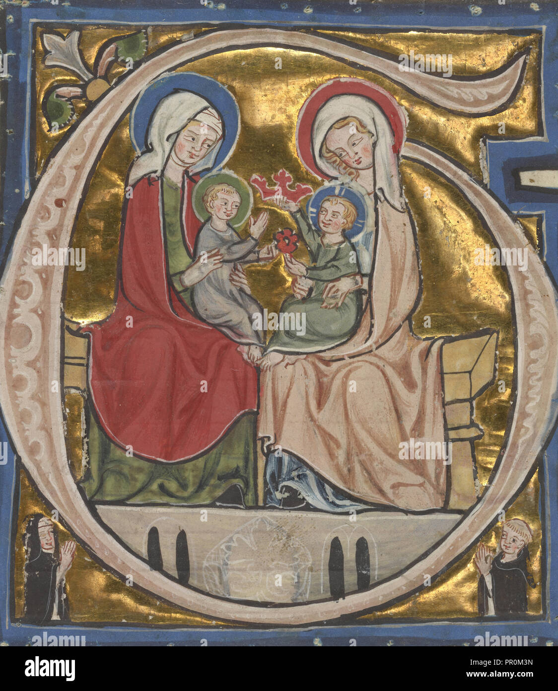 Initial G: The Virgin, Saint Elizabeth, and the Infants John the Baptist and Christ; Lake Constance, Switzerland; about 1300 Stock Photo