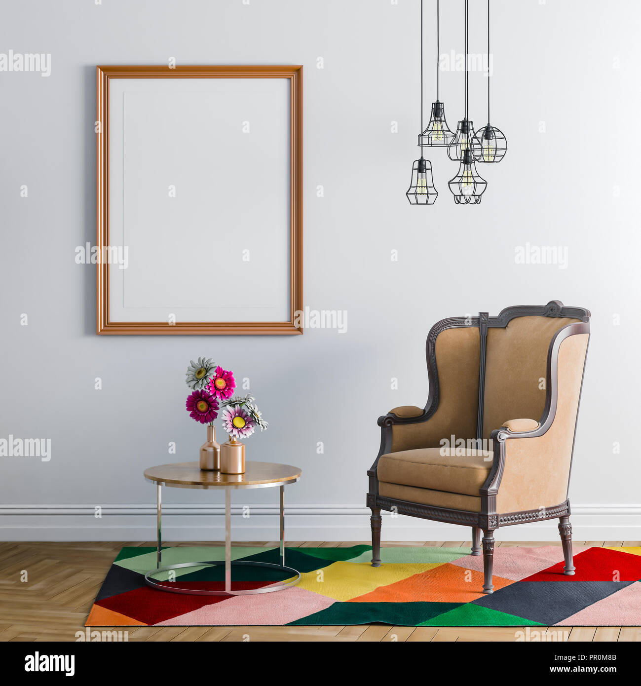 3d interior render with armchair and empty frame Stock Photo - Alamy