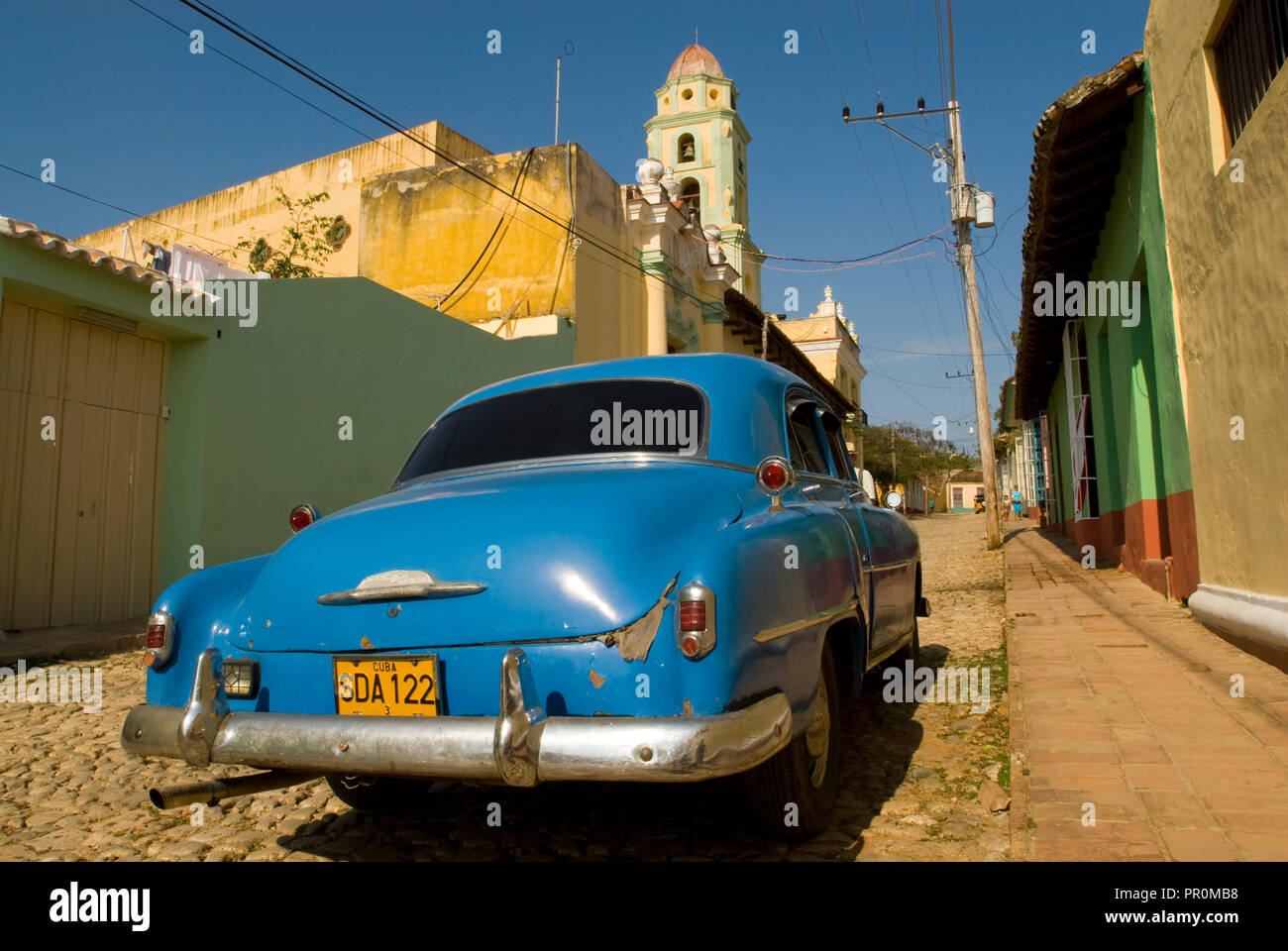 Blue Vintage American Car In The Street Of Trinidad Cuba West Indies Stock Photo