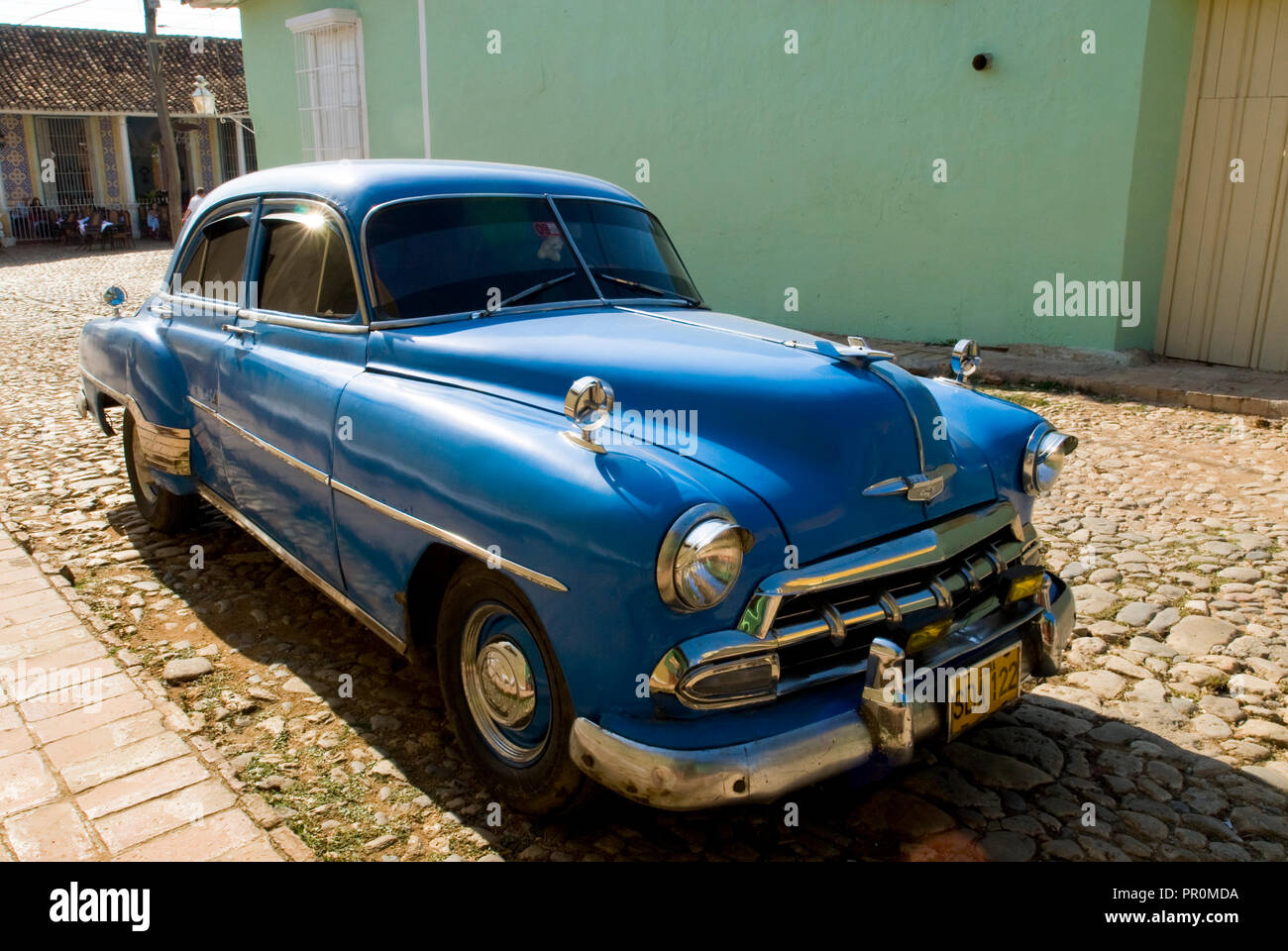 Blue Vintage American Car In The Street Of Trinidad Cuba West Indies Stock Photo