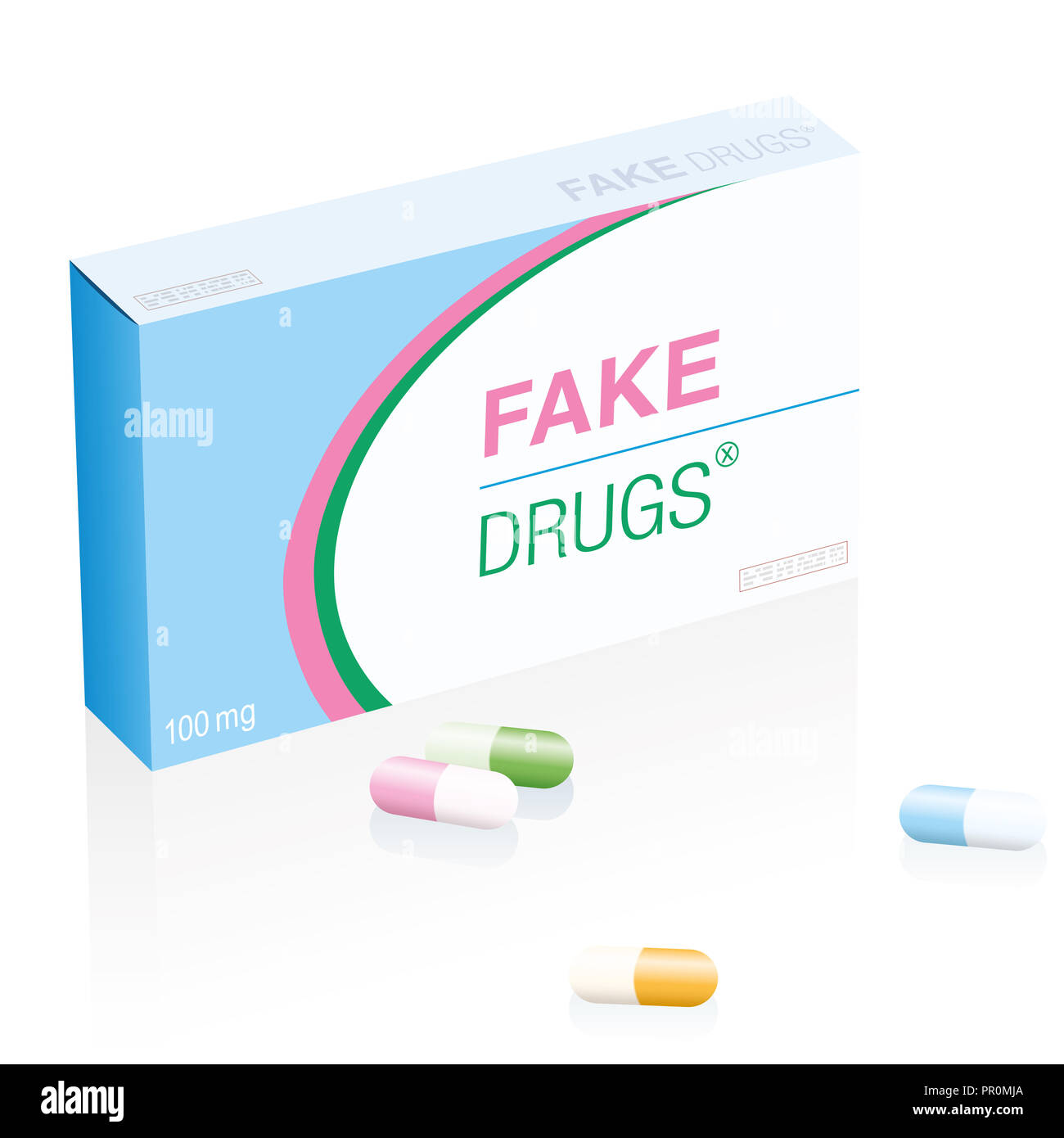 Fake drugs medicine package with colored capsules, pharmaceutical fake product. Symbolic for risk and danger of illegal produced and sold pills. Stock Photo