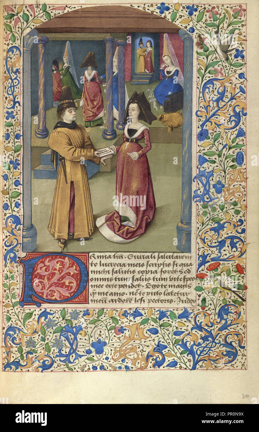 Euryalus Sends His First Letter to Lucretia; France; about 1460–1470; Tempera colors, gold leaf, gold paint, and ink Stock Photo