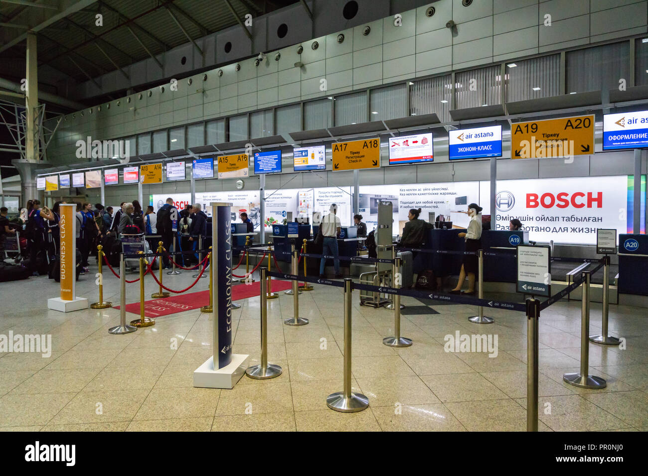 Almaty, Kazakhstan - September, 2018: Almaty airport departure terminal check-in counter area. The Almaty airport is the largest international airport Stock Photo