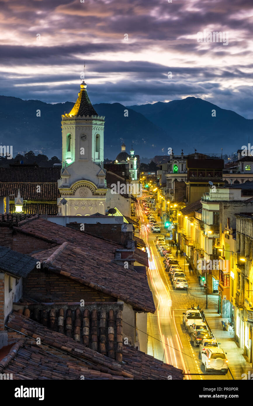 ROOFTOP VIEW OF CUENCA - ECUADOR During Sunset Stock Photo