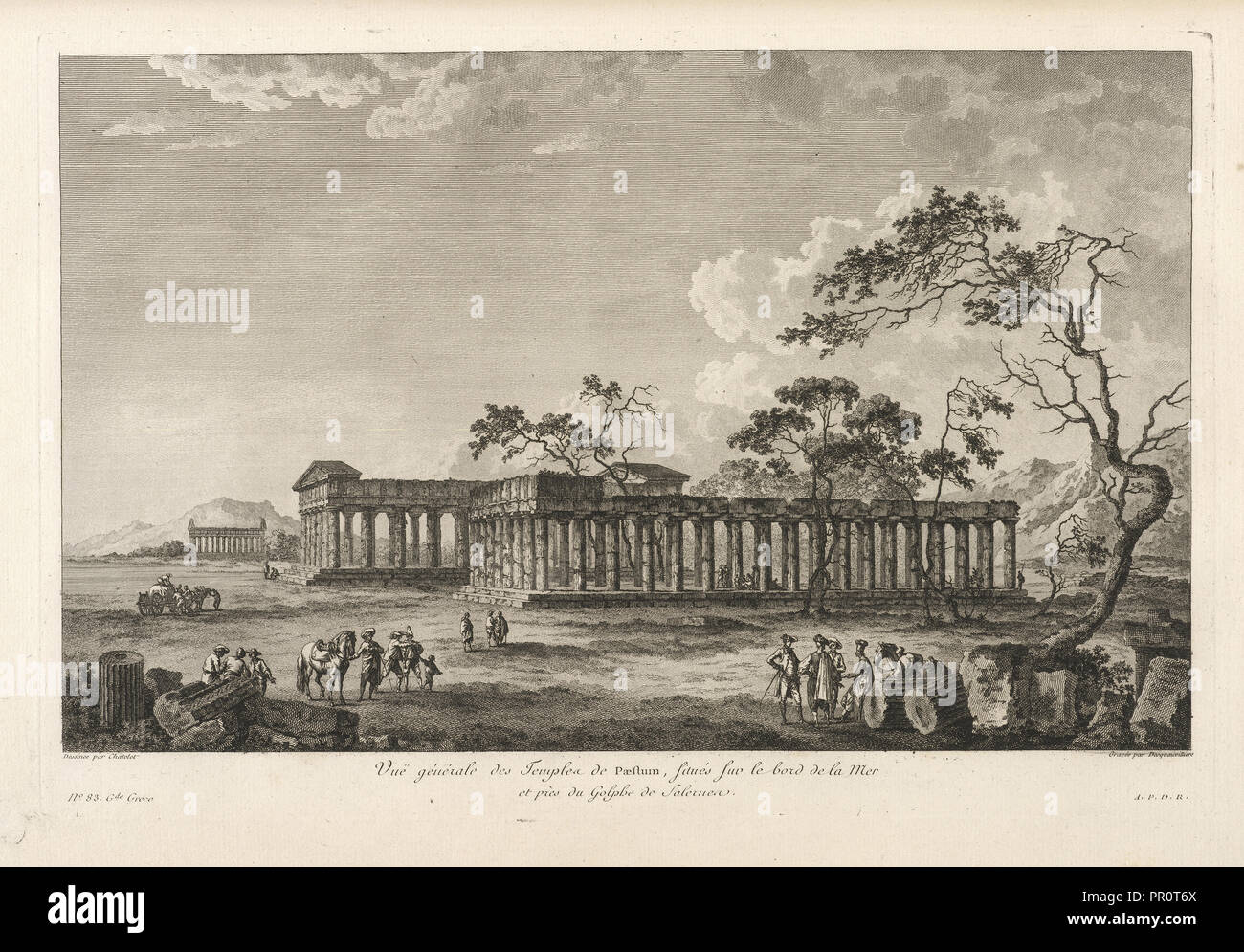 Vuë générale des Temples de Paestrum, situés sur le bord de la Mer, Voyage pittoresque, ou, Description des royaumes de Naples Stock Photo