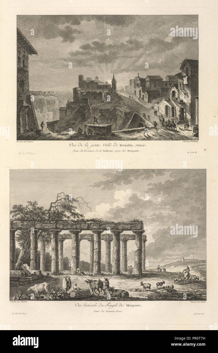 Vuë latérale du Temple de Métaponte, dans la Grande Grêce, Vuë de la petite Ville de Bernaldo, près des Ruines de Métaponte Stock Photo