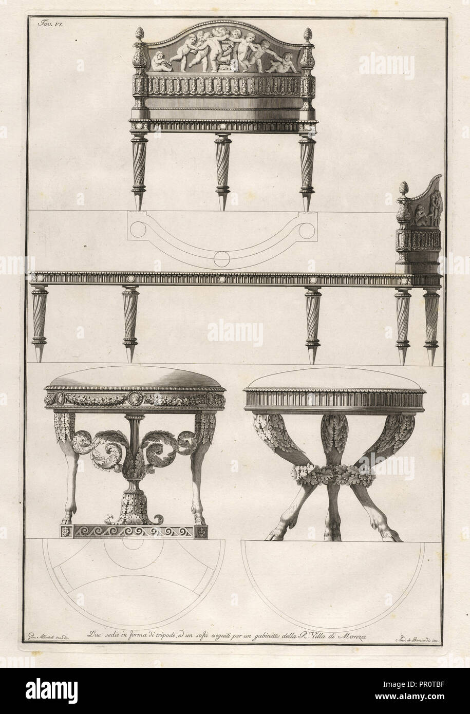 Due sedi in forma di tripode, ed un sofa eseguiti per un gabinetti della R. Villa de Monza, Alcune decorazioni di nobili sale Stock Photo