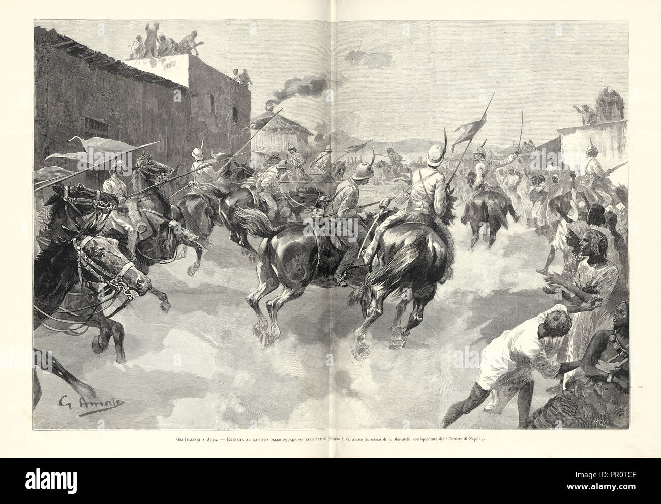 Gli Italiani a Adua. Entrata al Galoppo dello Squadrone Esploratori, Photomechanical process, 1890, Two page spread, Gli Stock Photo