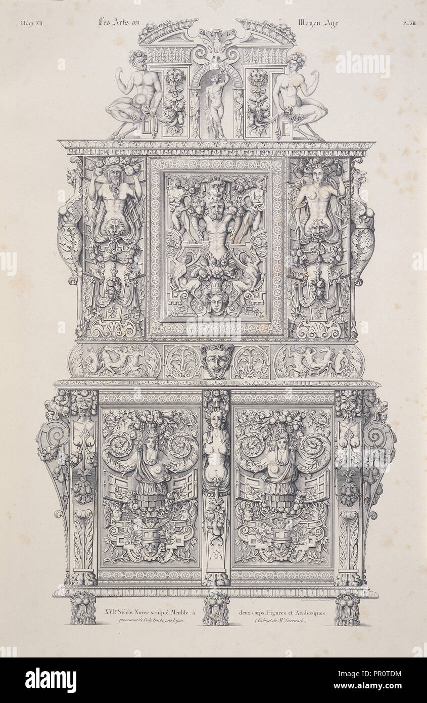 XVIe. siècle: noyer sculpté, meuble à deux corps, figures et arabesques, Les arts au Moyen Age: en ce qui concerne Stock Photo