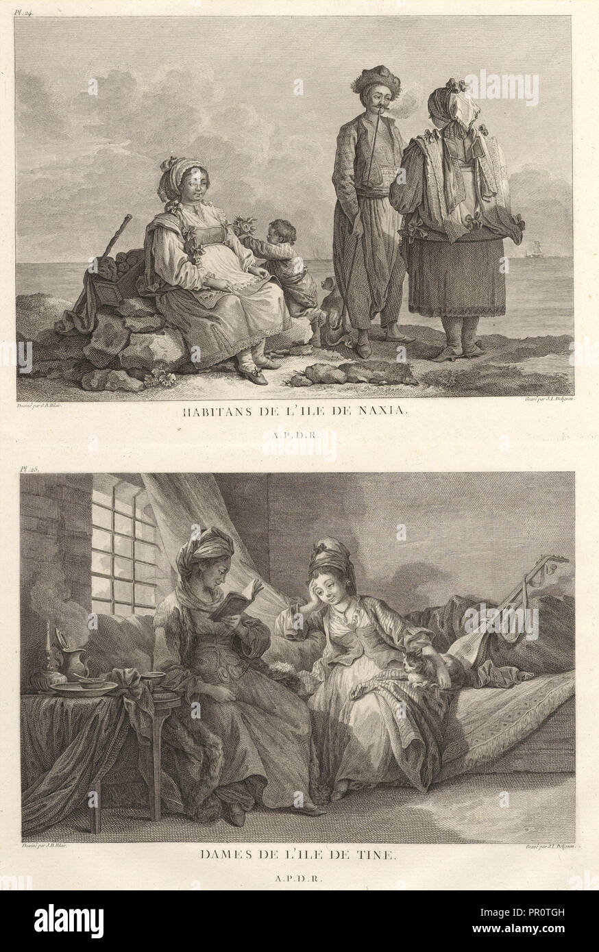 Pl. 25: Dames de L'Ile de Tine, Pl. 24: Habitans de L'Ile Naxia, Pl. 25: Dames de L'Ile de Tine, Voyage Pittoresque de la Grece Stock Photo