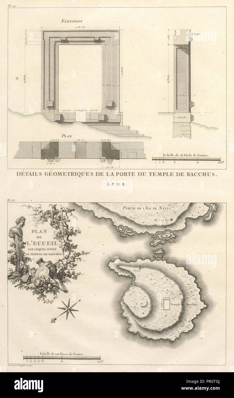 Pl. 23: Plan de l'Ecueil sur lequel etoit le Temple de Bacchus, Pl 22: Détails Géometriques de la Porte du Temple de Bacchus Stock Photo