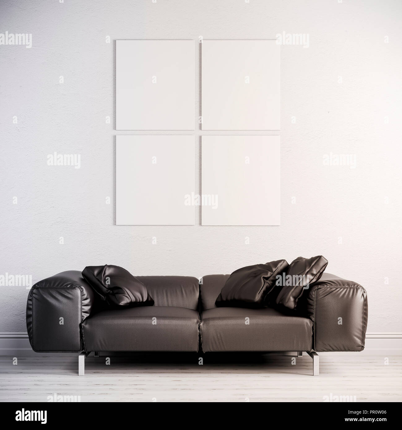 3d interior render  with leather couch and blank frame on white wall Stock Photo