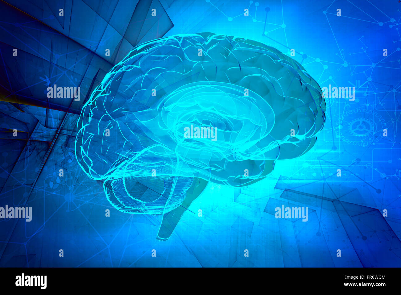 3d human brain on abstract tech background Stock Photo