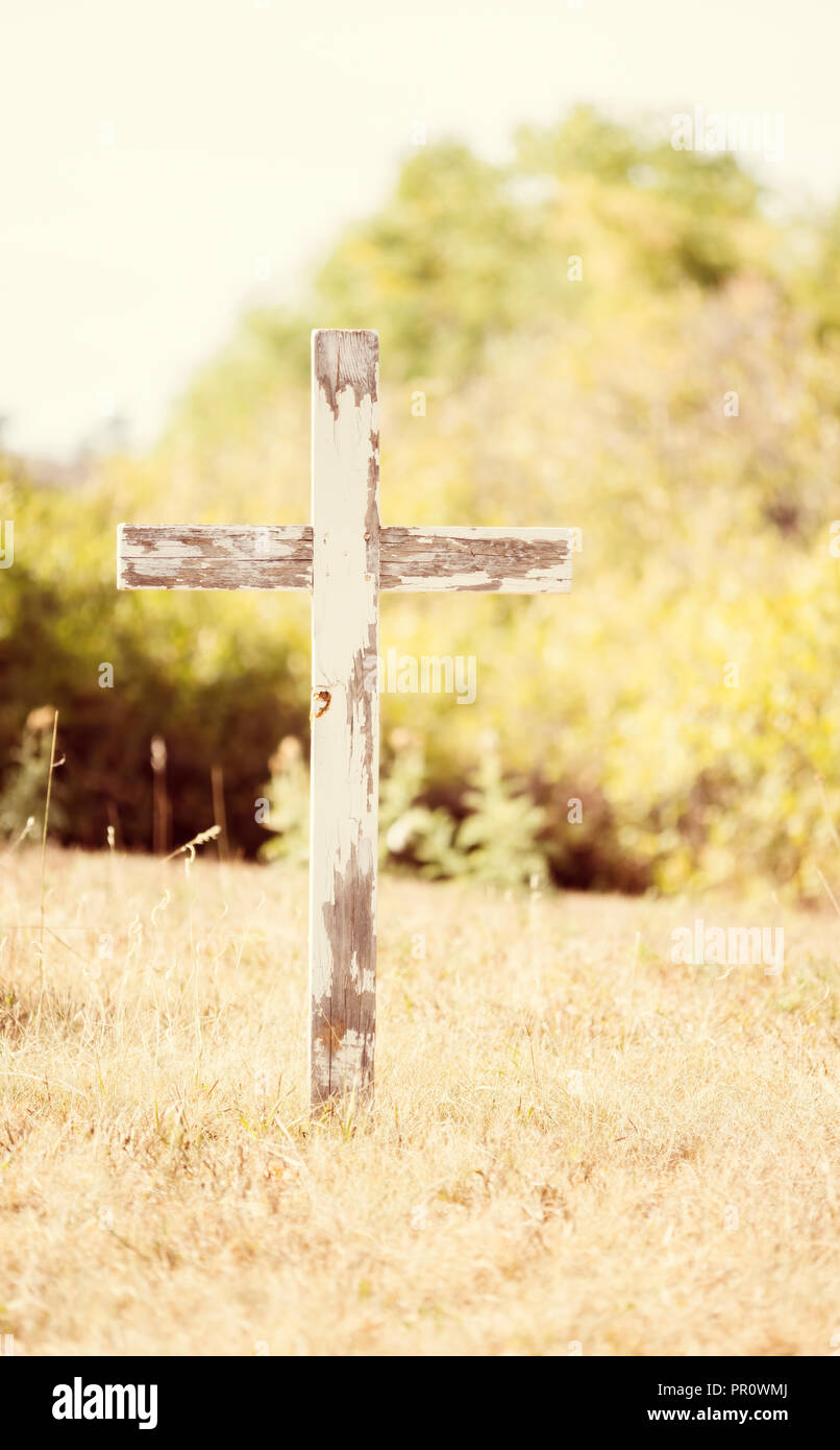 Old Wooden Cross in a Historic Cemetery with Beautiful Grassy & Tree
