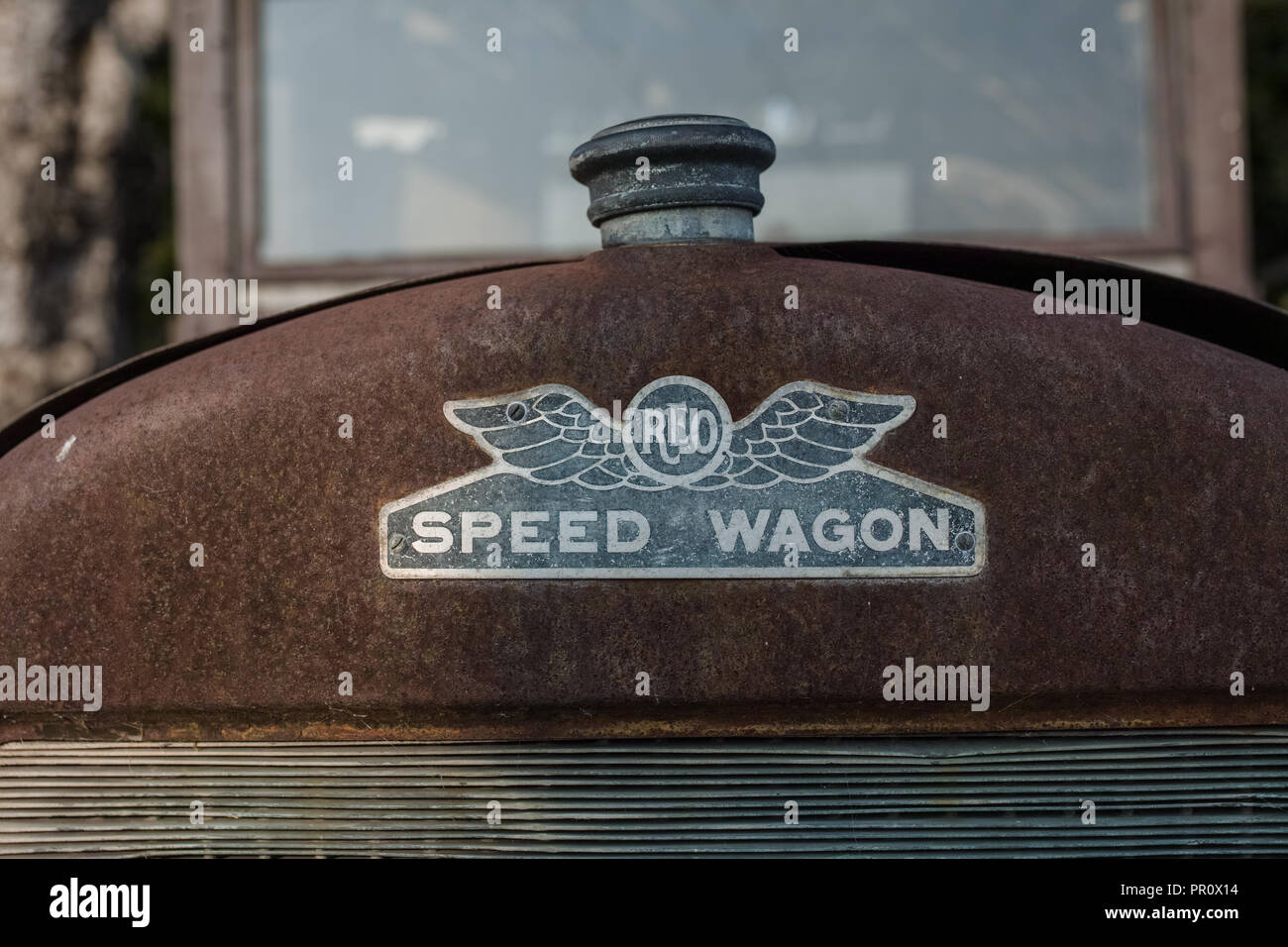 A rust Speed Wagon truck, circa 1930. Front view of the logo. Stock Photo