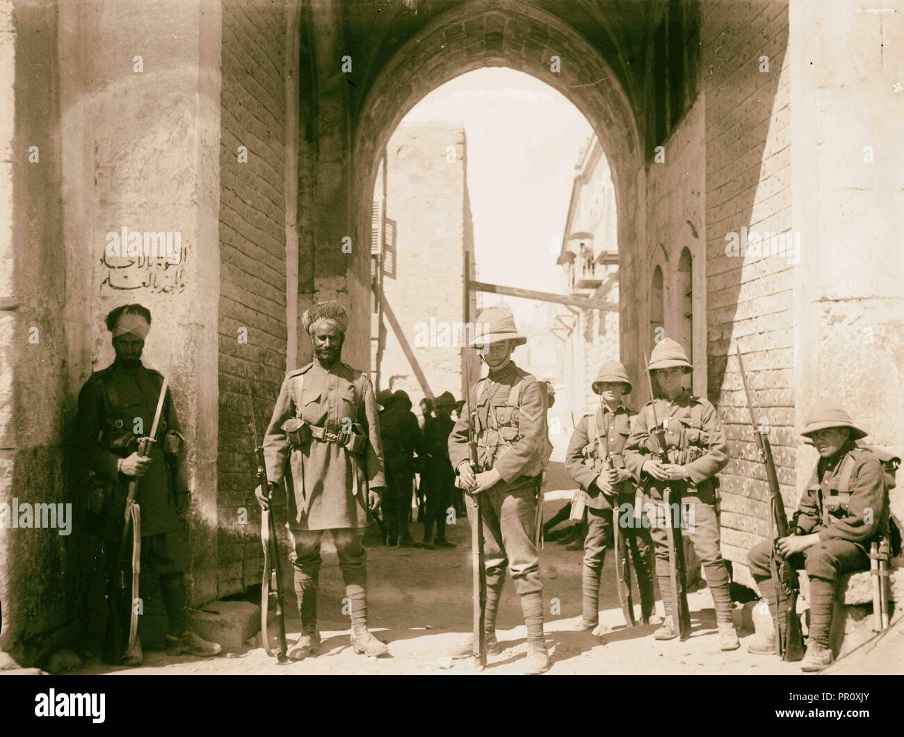 Indian and British guards, St. Stephen's Gate, Jerusalem. 1920, Jerusalem, Israel Stock Photo