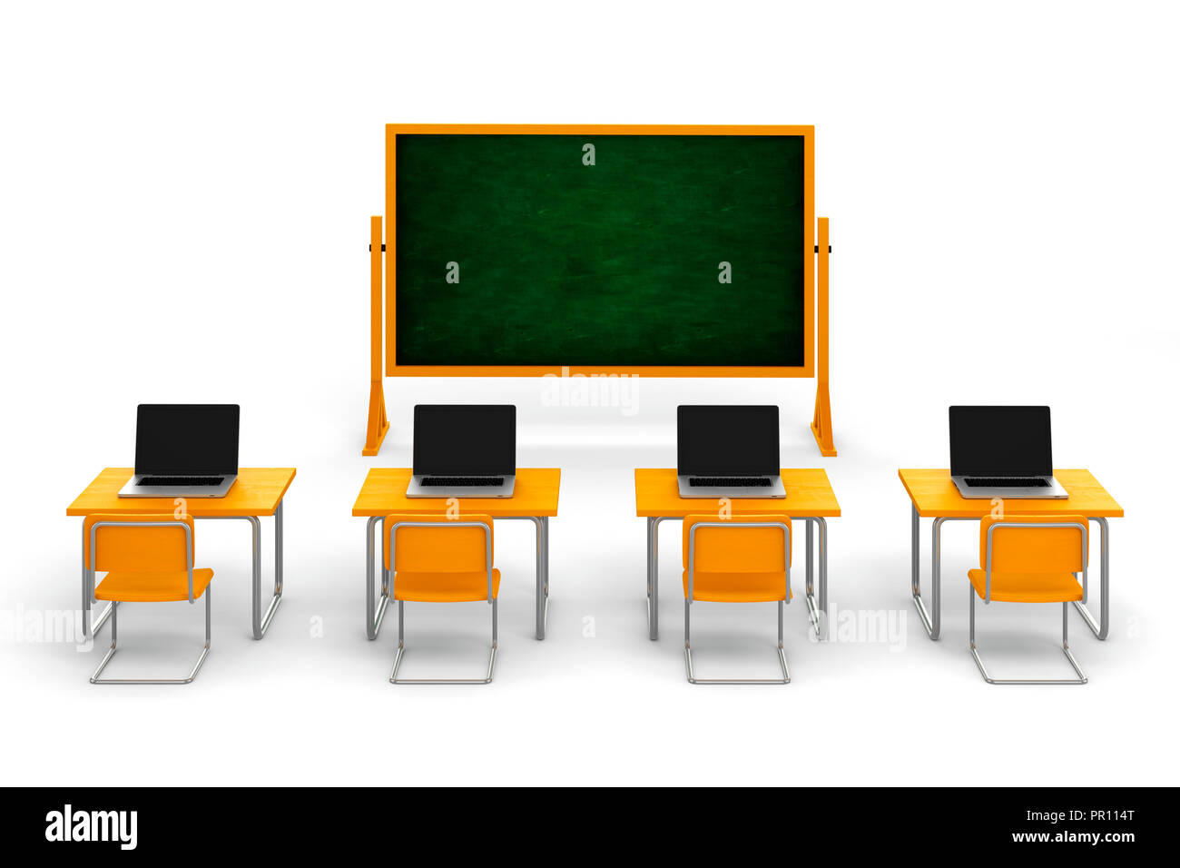 3d Classroom With Desks And Laptops On White Background Stock