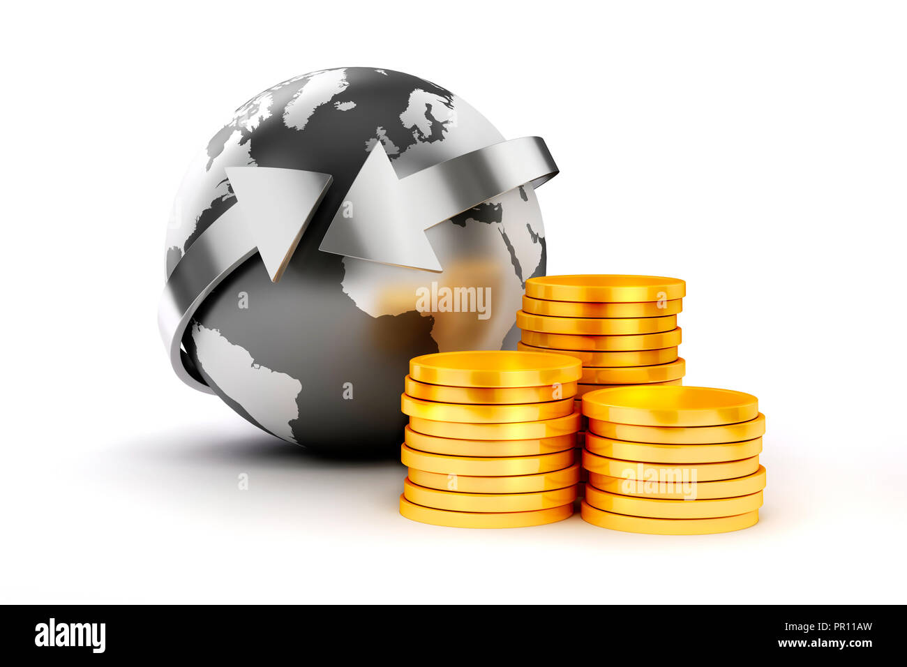 3d coins and earth planet on white bckground Stock Photo