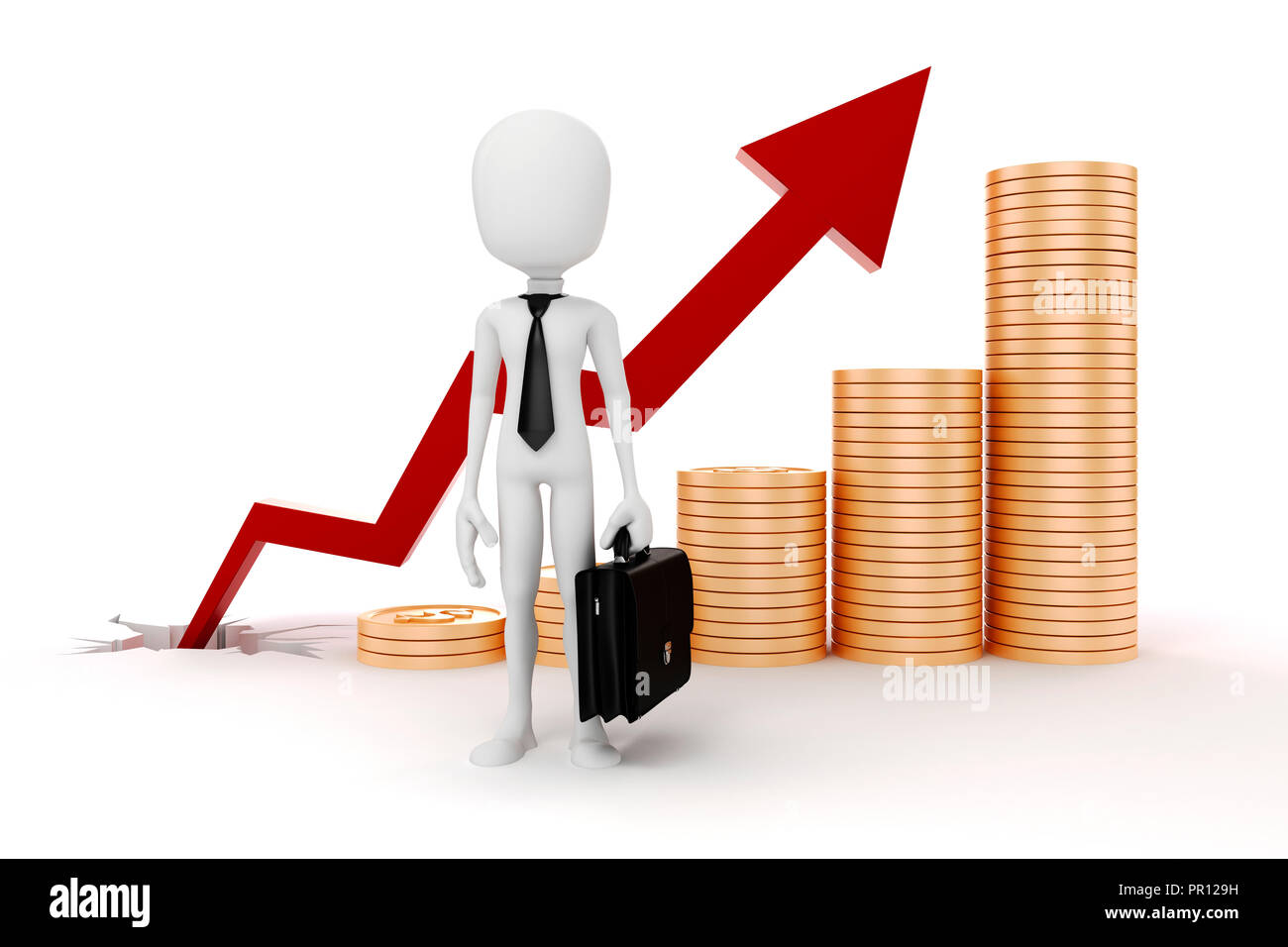 3d man businessman with money conins and red arrow in the background Stock Photo