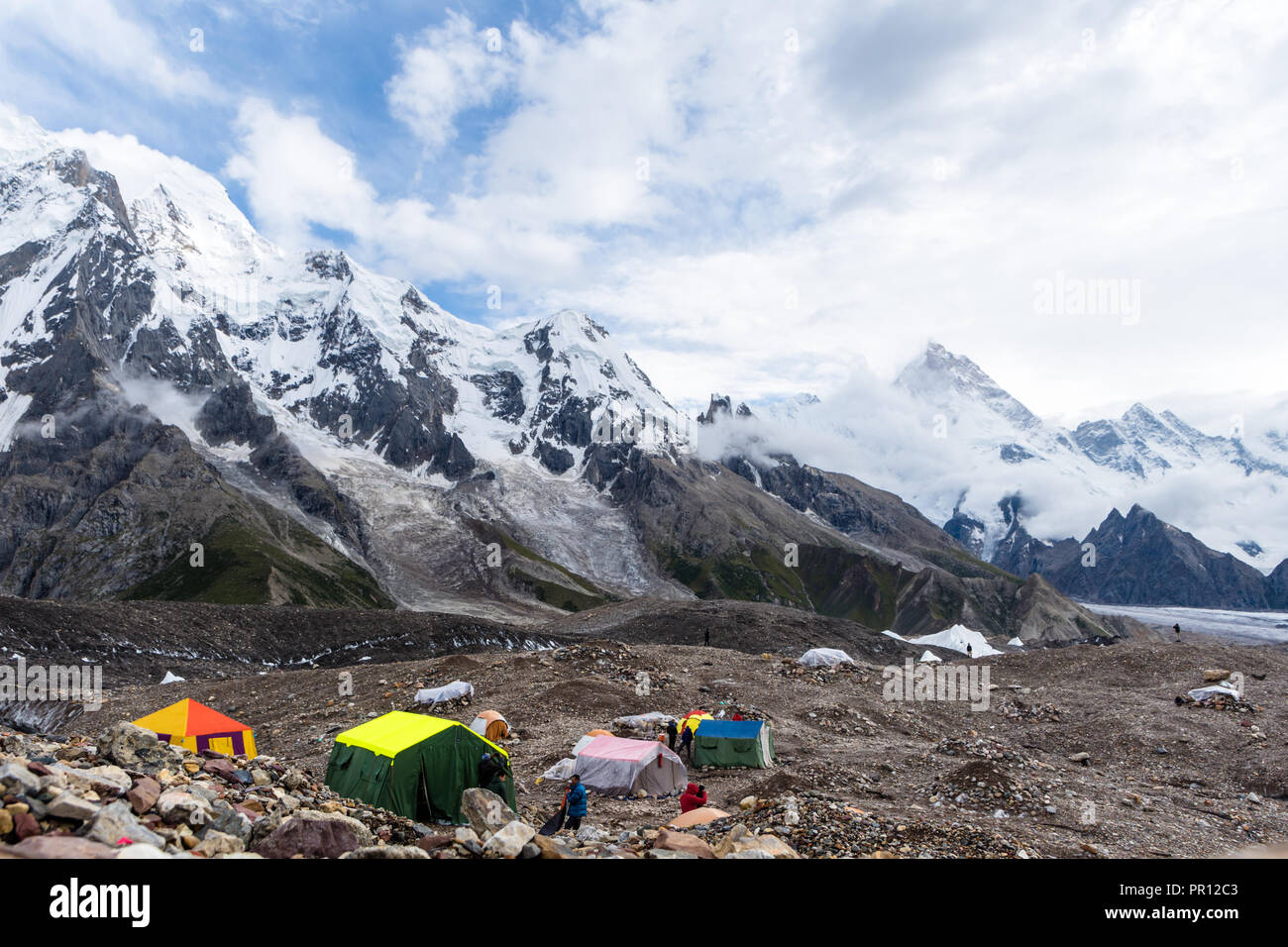 Biarchedi and Masherbrum (K1) from Goro II campsite, Baltoro glacier, Karakoram, Pakistan Stock Photo