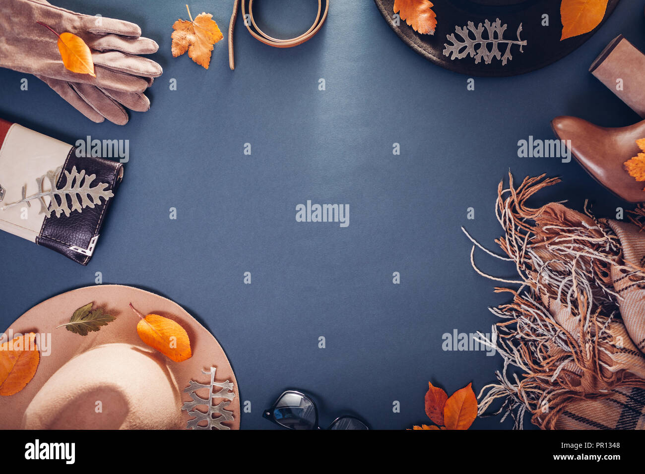 Autumn female outfit. Set of clothes, shoes and accessories on grey ...