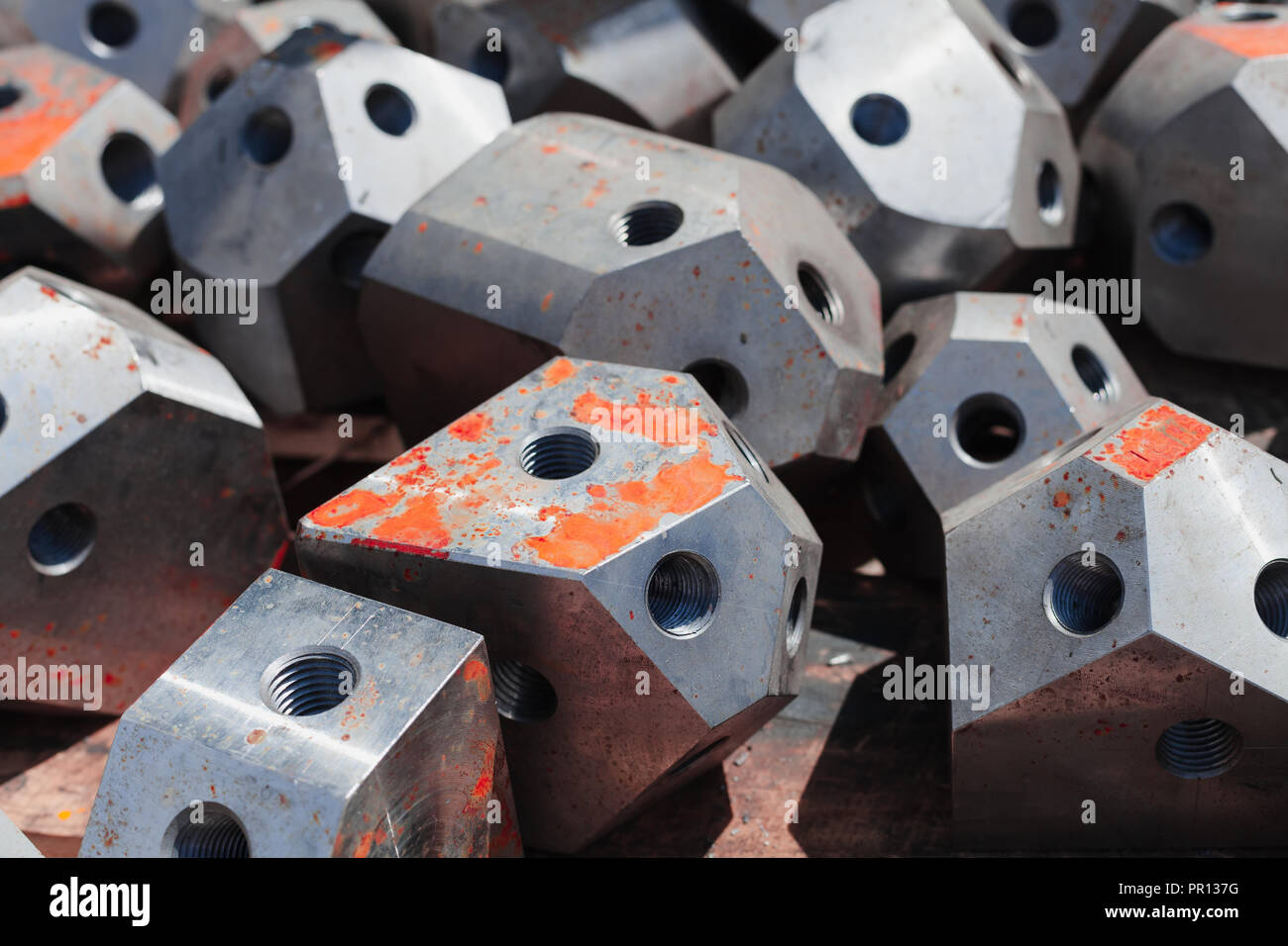 Industrial scaffolding steel connection parts with red rust Stock Photo