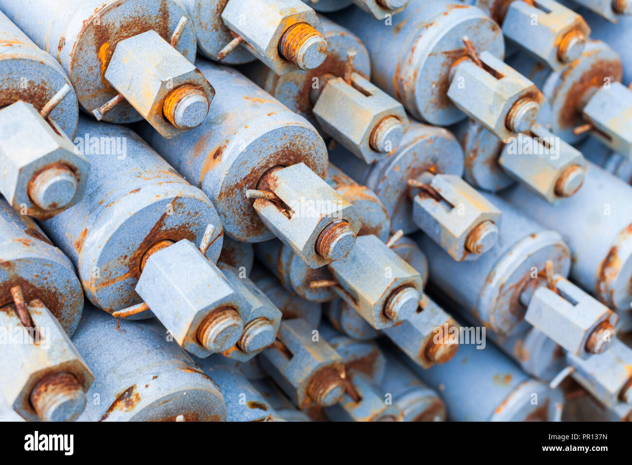 Blue industrial details with rust, scaffolding steel connection parts
