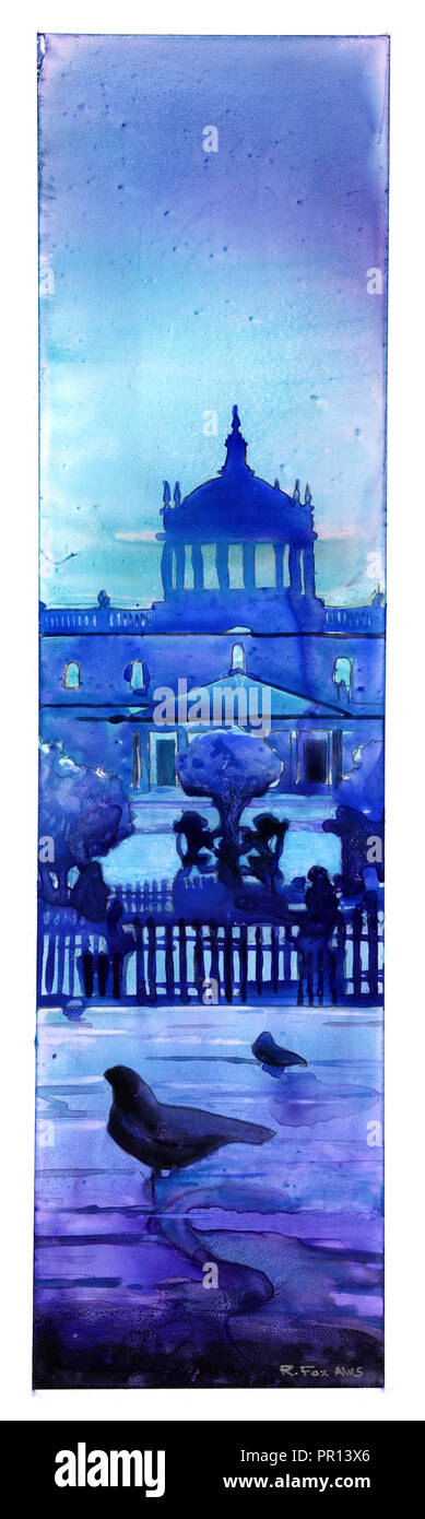 Watercolor painting of pigeons and sprawling pedestrian walkway of Plaza Tapatia w dome of the Instituto Cultural de Cabanas in distance Guadalajara M Stock Photo