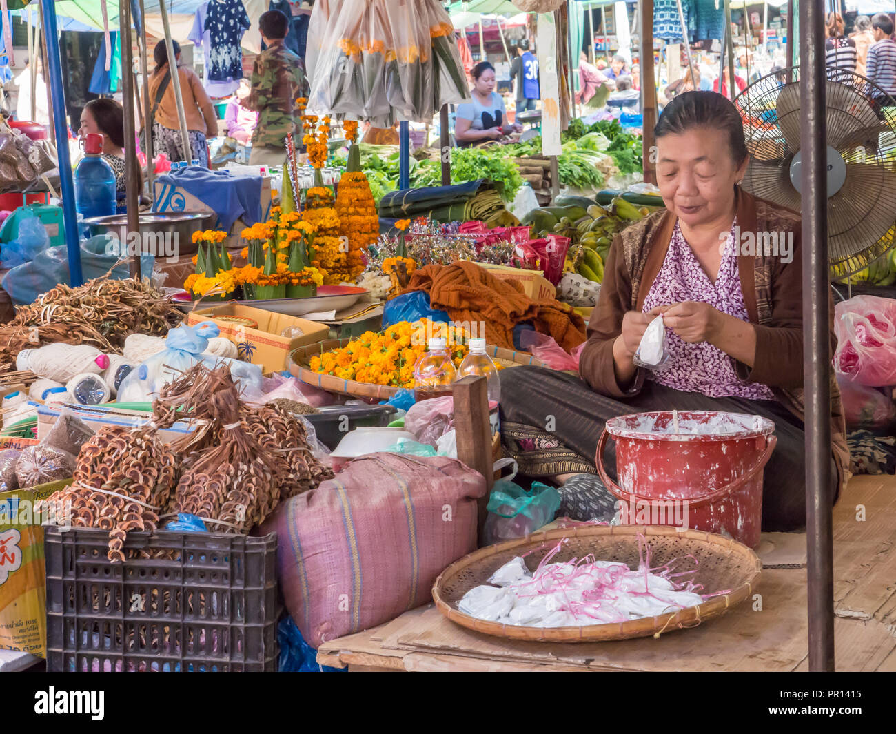 Vendor in central outdoor market, Luang Prabang, Laos, Indochina, Southeast Asia, Asia Stock Photo