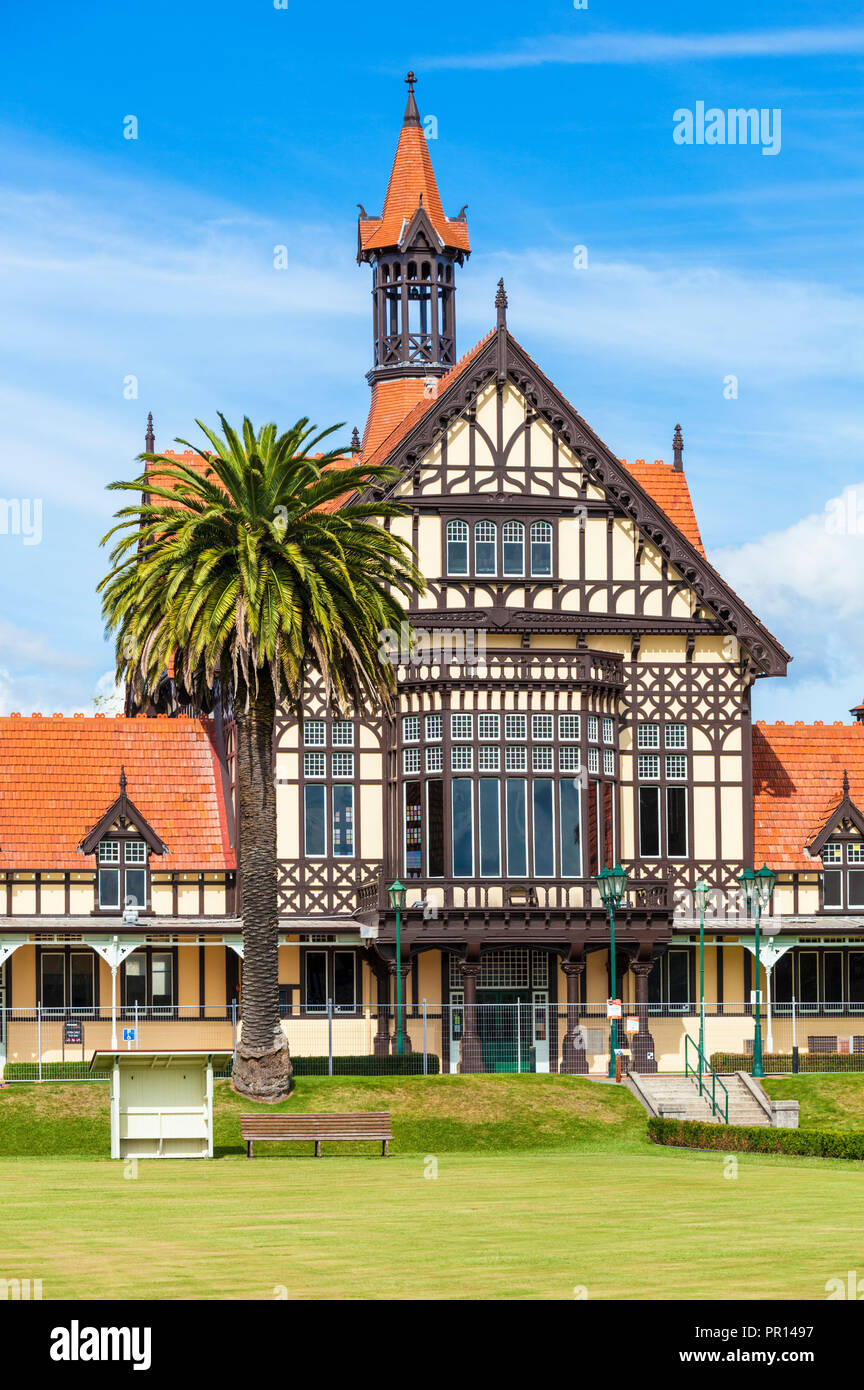 Tudor style Rotorua Museum and Government Gardens, Rotorua, North Island, New Zealand, Pacific Stock Photo