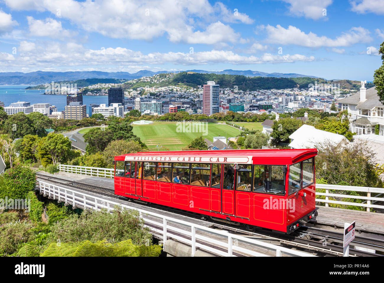 Wellington cable car and Wellington skyline, Wellington, North Island, New Zealand, Pacific Stock Photo