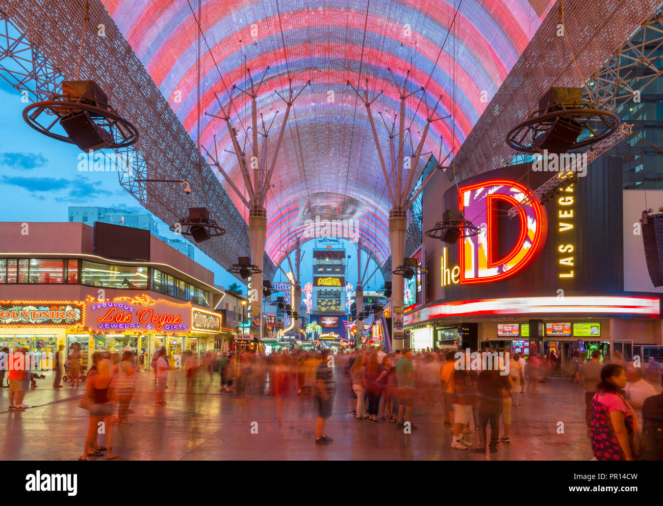 Neon lights on the Fremont Street Experience at dusk, Downtown, Las Vegas, Nevada, United States of America, North America Stock Photo