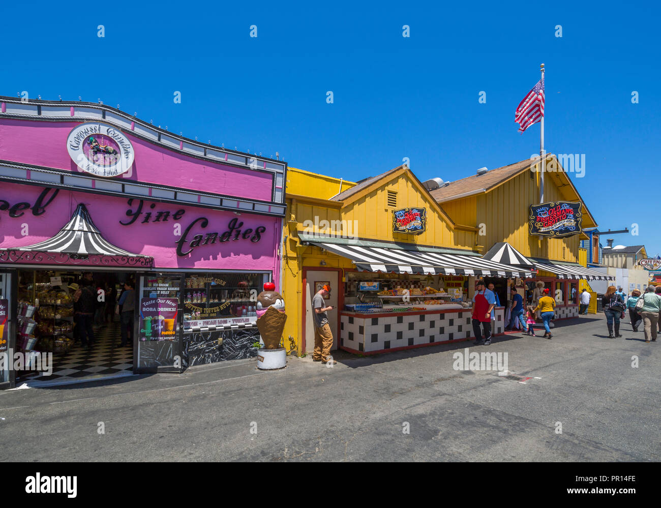 Shops on Fisherman's Wharf pier, Monterey Bay, Peninsula, Monterey, California, United States of America, North America Stock Photo