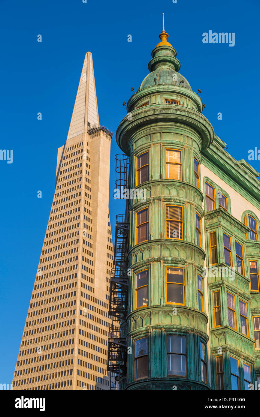 View of Transamerica Pyramid building and Columbus Tower on Columbus Avenue, North Beach, San Francisco, California, United States of America Stock Photo