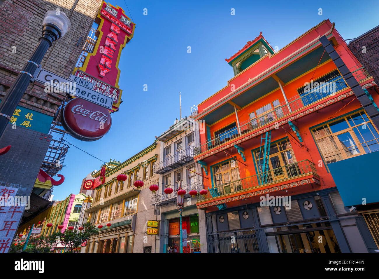 View of brightly coloured architecture in Chinatown, San Francisco, California, United States of America, North America Stock Photo