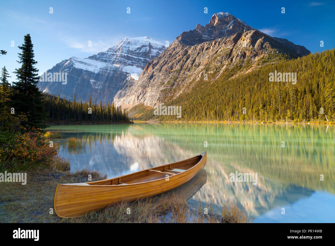 Canoe at Cavell Lake with Mount Edith Cavell in the Background, Jasper