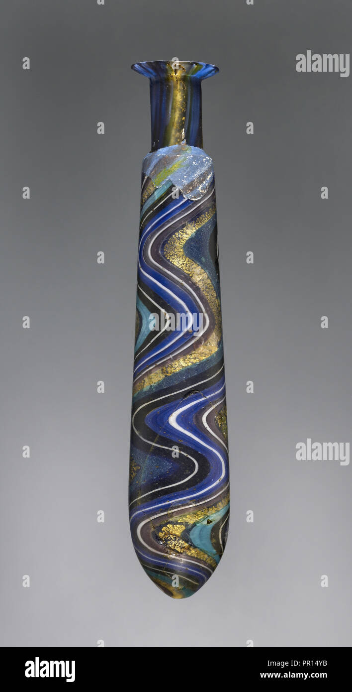 Perfume Flask with Swirled Blue, Black, White, Turquoise, and Gold Ribbons; Eastern Mediterranean or Italy end of 1st century BC Stock Photo